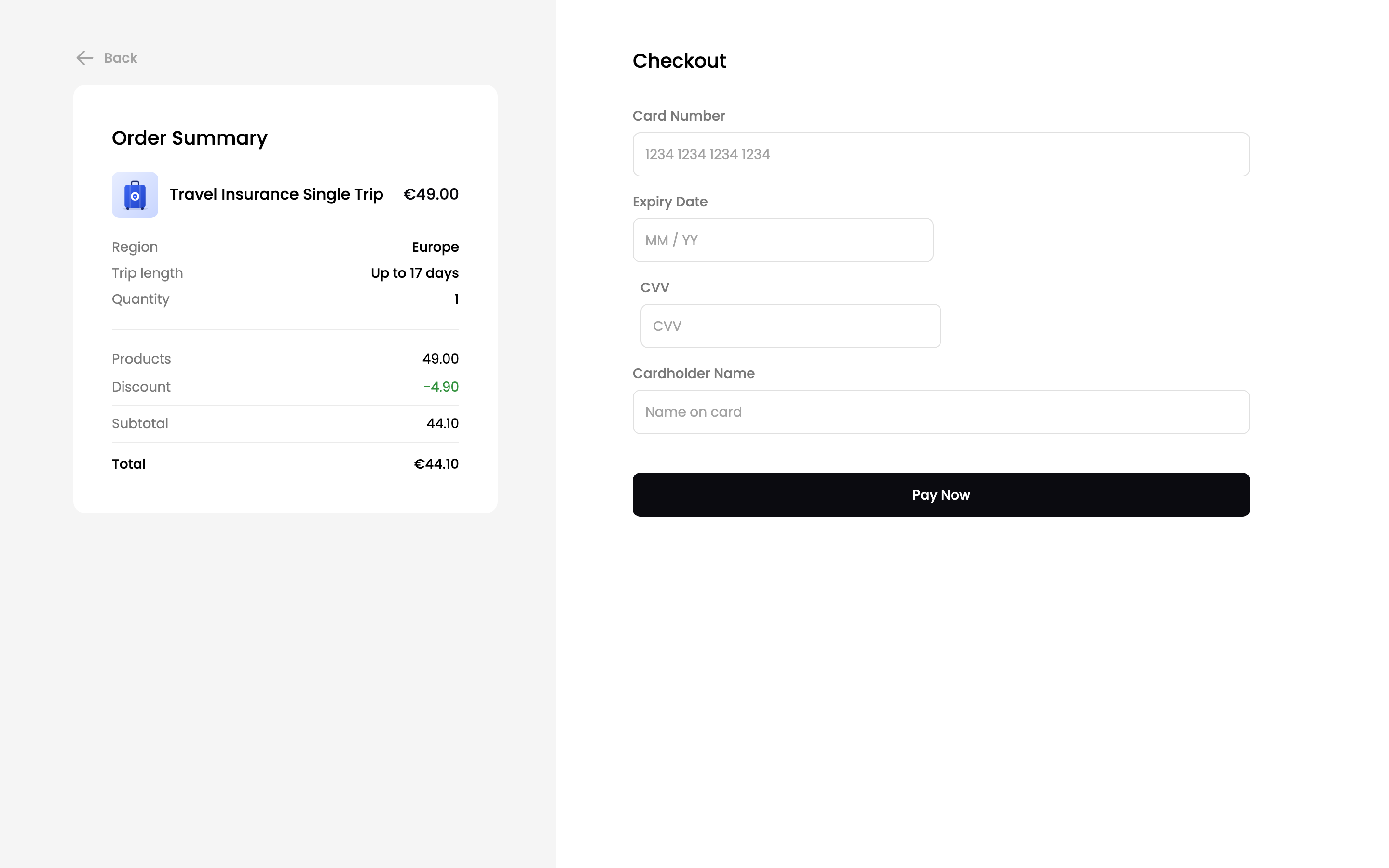The checkout with the order summary and card fields