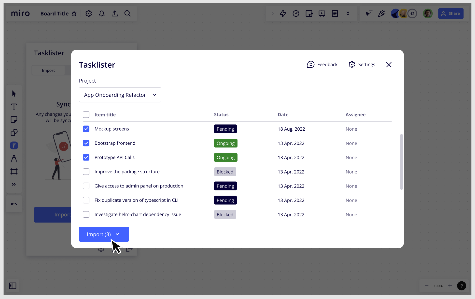 Figure 6. UI implemented as part of the app that allows users to select the tasks they want to import and create app card equivalents on a Miro board.