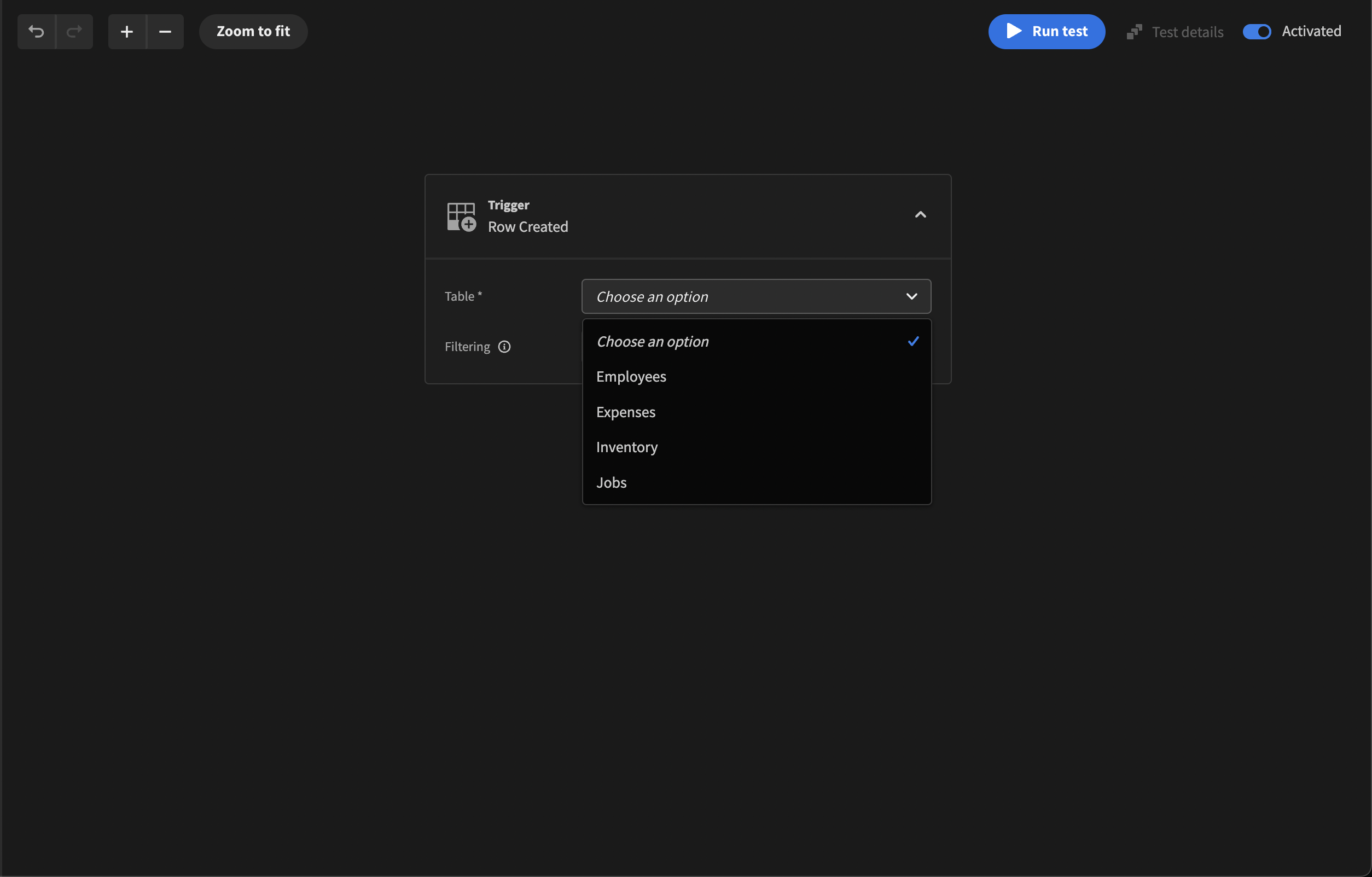 Table selection that the automation will watch for new rows being created