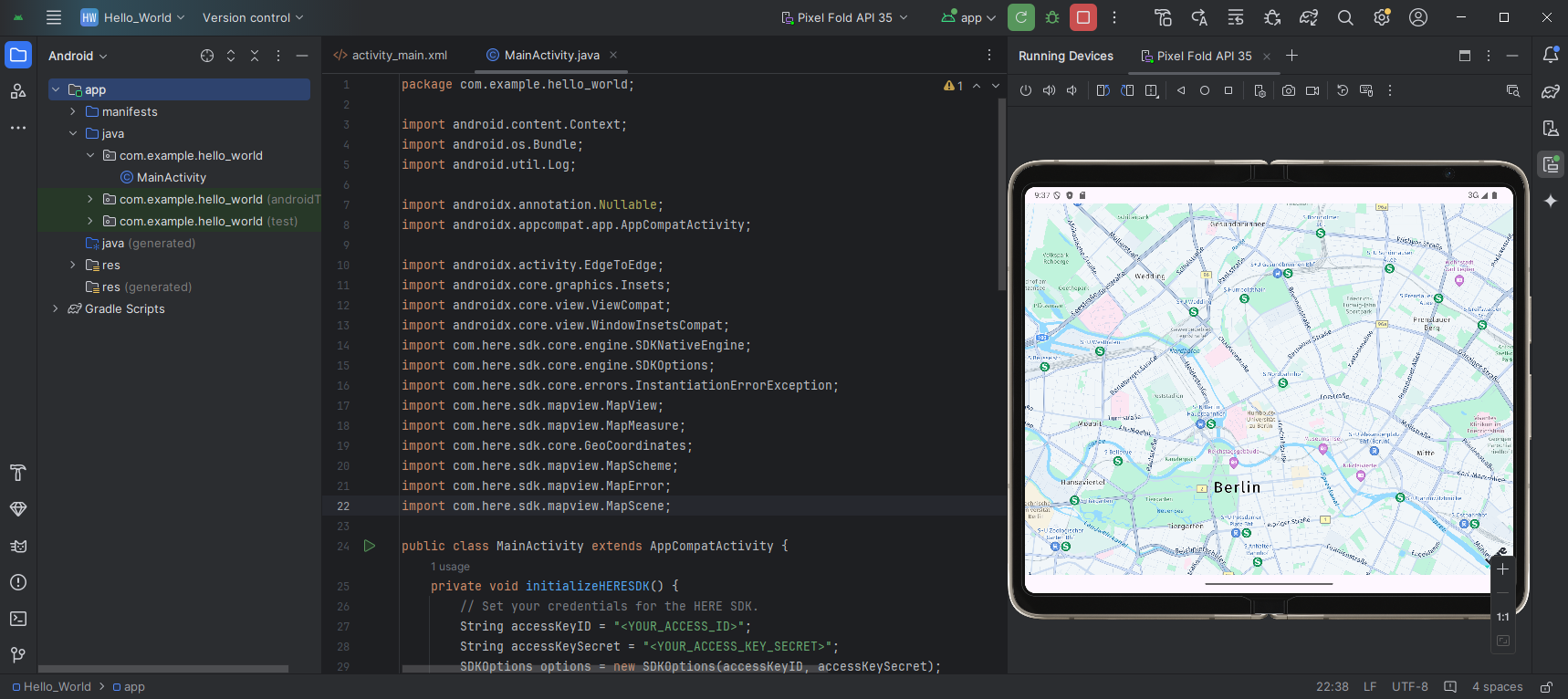 "HelloMap" example running in an emulator.