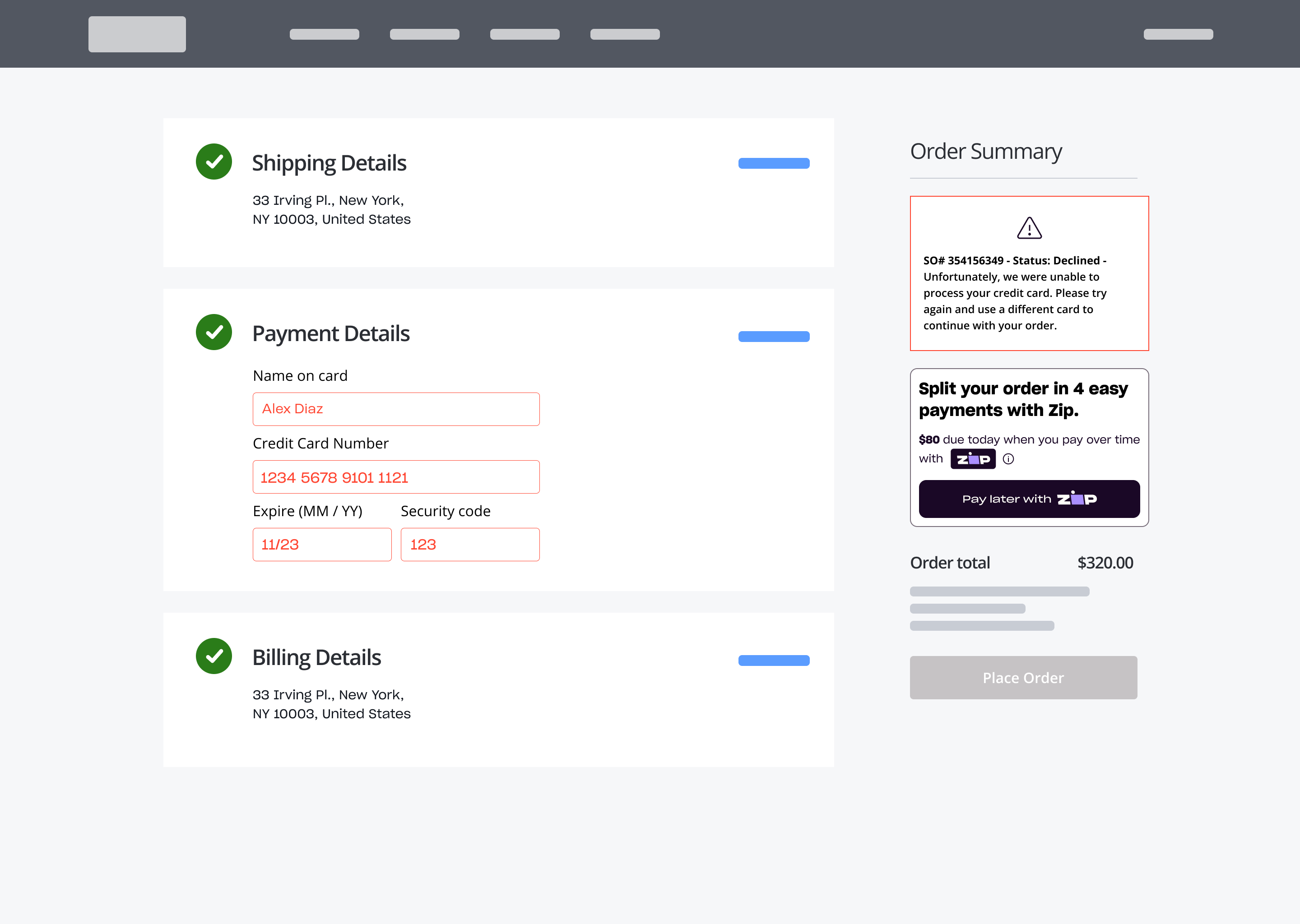 Sample decline screen with the Zip Second Chance widget presented (right) as an alternative payment method.