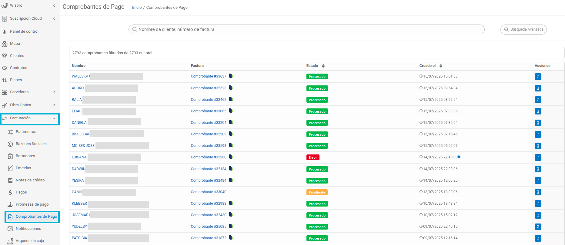 Facturación comprobantes de pago wispro