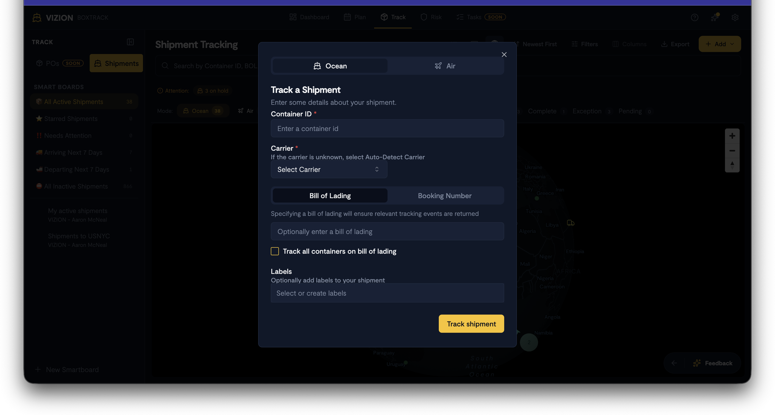 Screenshot: The Add shipment modal/dialog showing container number field, carrier selector with auto-identification option, optional BOL field, and "Track all containers on master BOL" checkbox