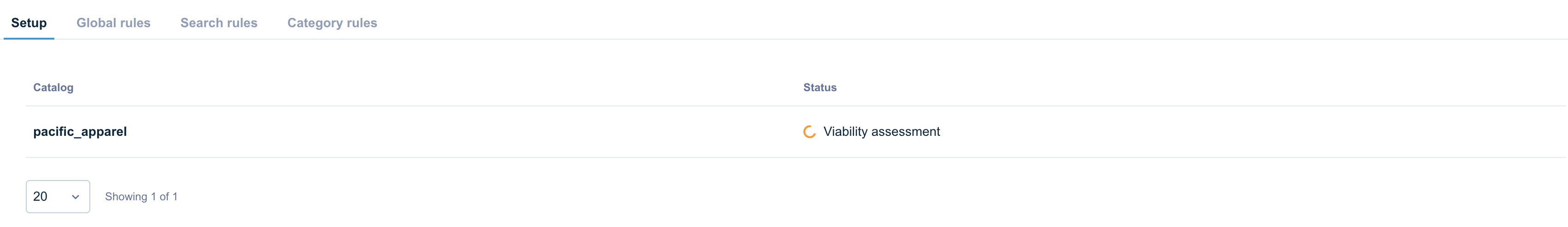 Catalog list showing Viability assessment status