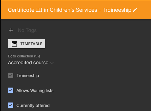 Figure 262. The Traineeship field already ticked. It cannot be unticked once you have taken an enrolment in a related class.