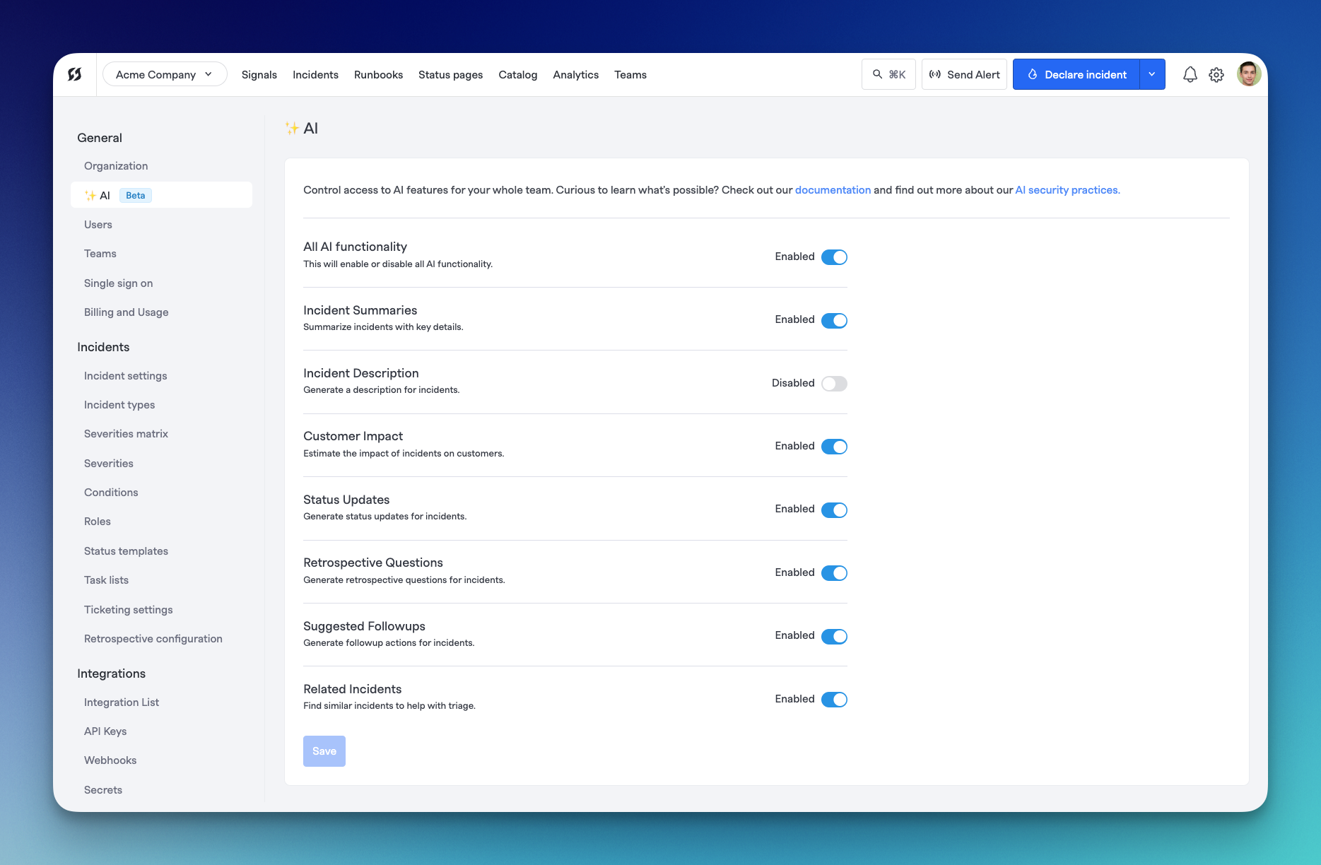 AI Settings page