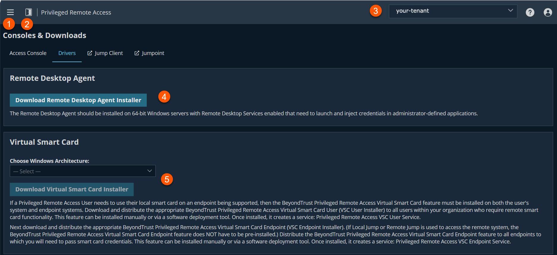 An image of the Privileged Remote Access Consoles & Downloads page, showing options to download the Remote Desktop Agent and Virtual Smart Card installers. The page includes navigation icons, a search bar, and detailed instructions for each download option.