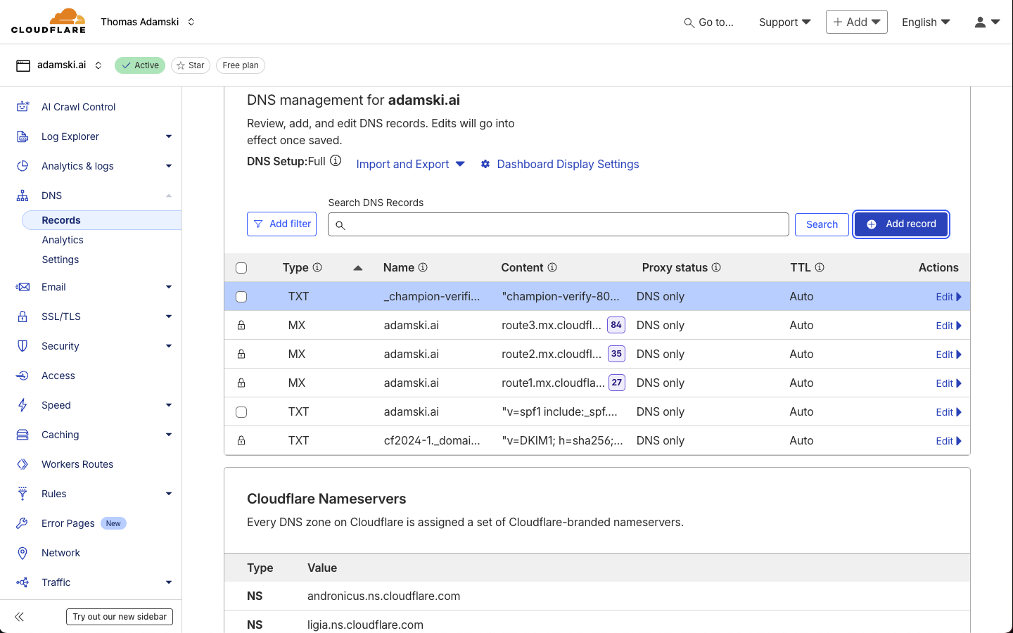 Cloudflare showing saved TXT record