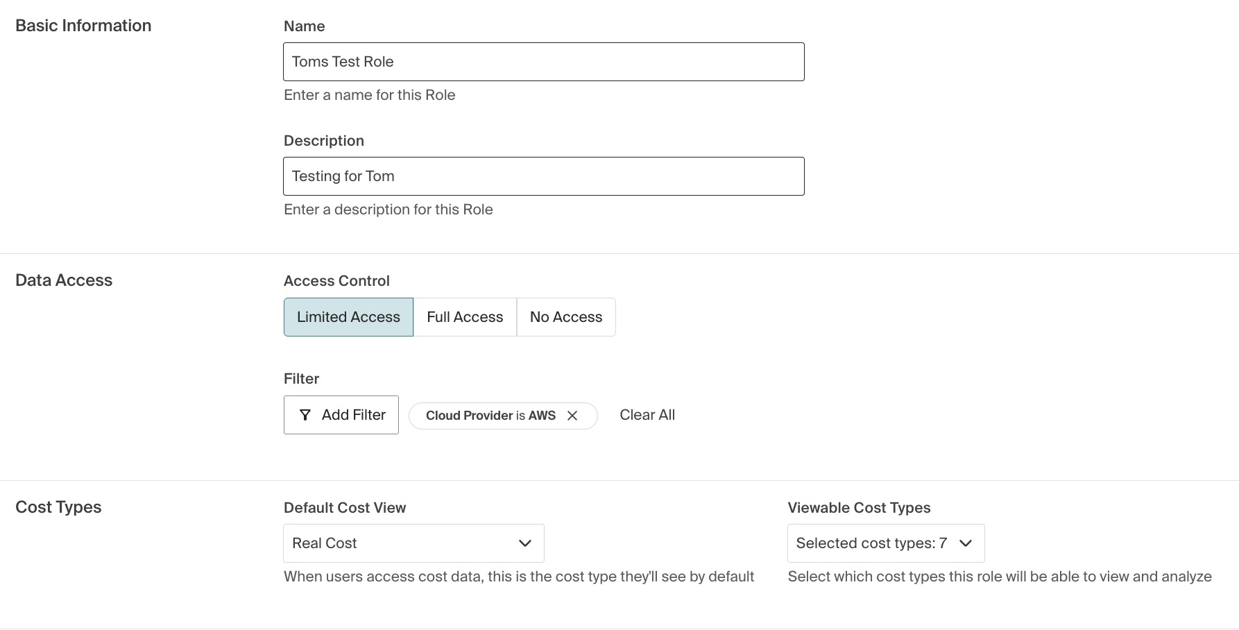 LImited access role configuration