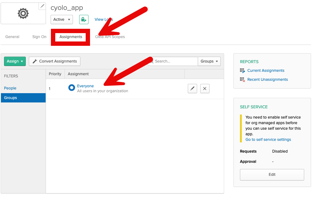 Assignment tab with users and groups