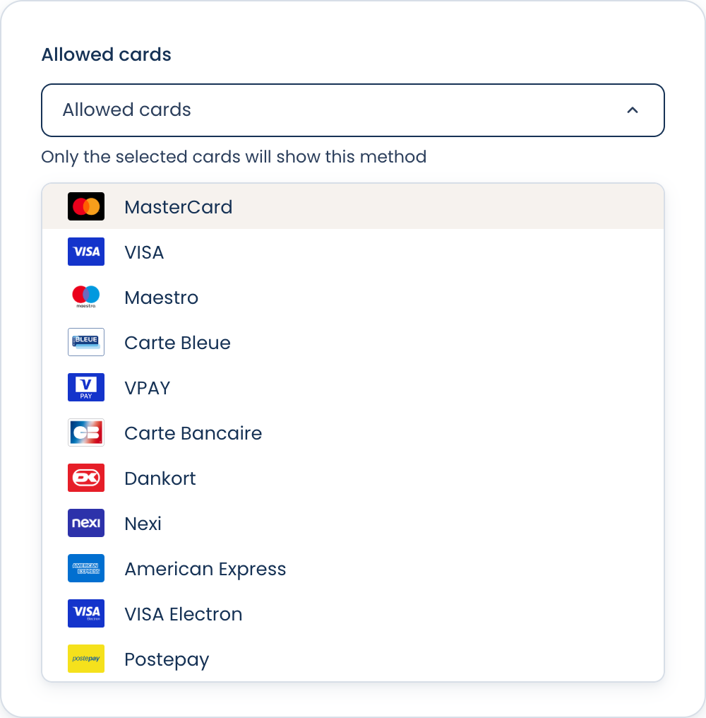 Cards brands selection in the app