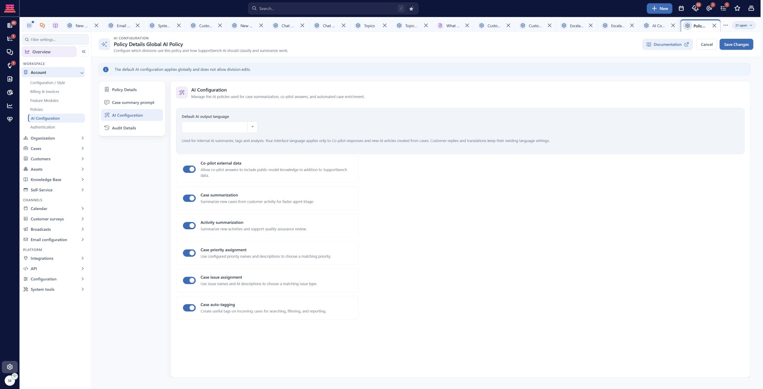 Existing saved global AI policy and its AI Configuration tab. These are demo account choices, not recommended defaults; no switches were changed.
