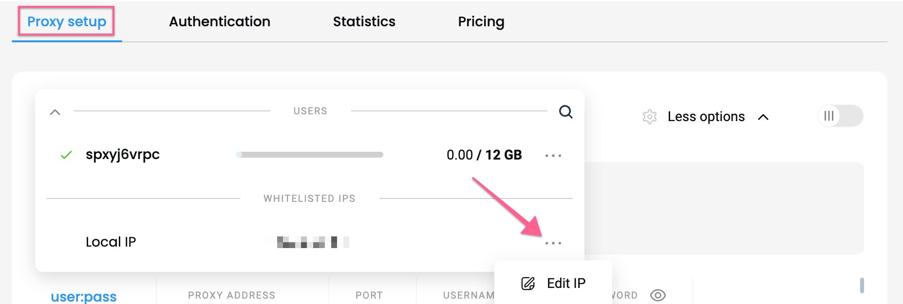 Proxy section – whitelisted IP management.