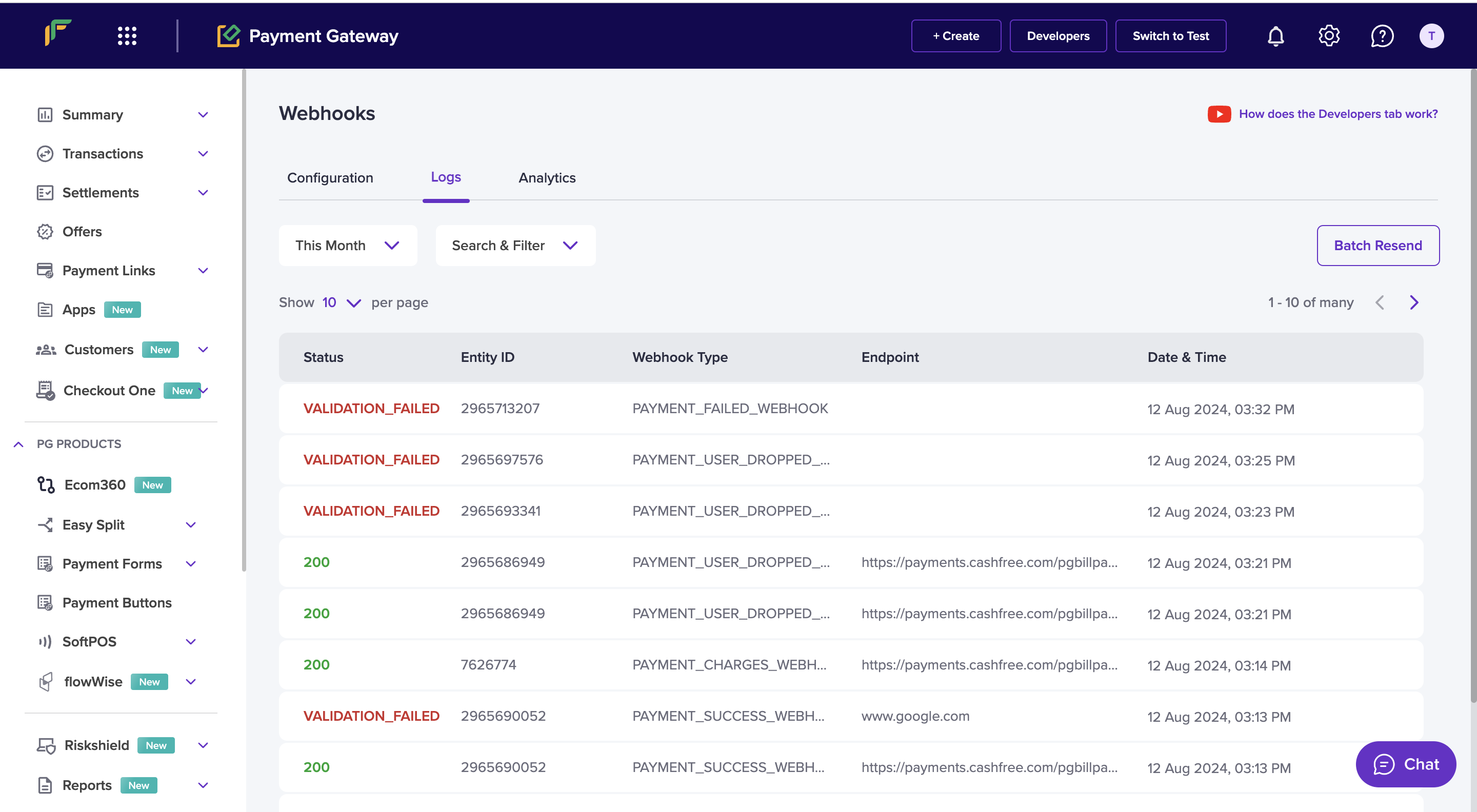 Webhook Logs - Cashfree