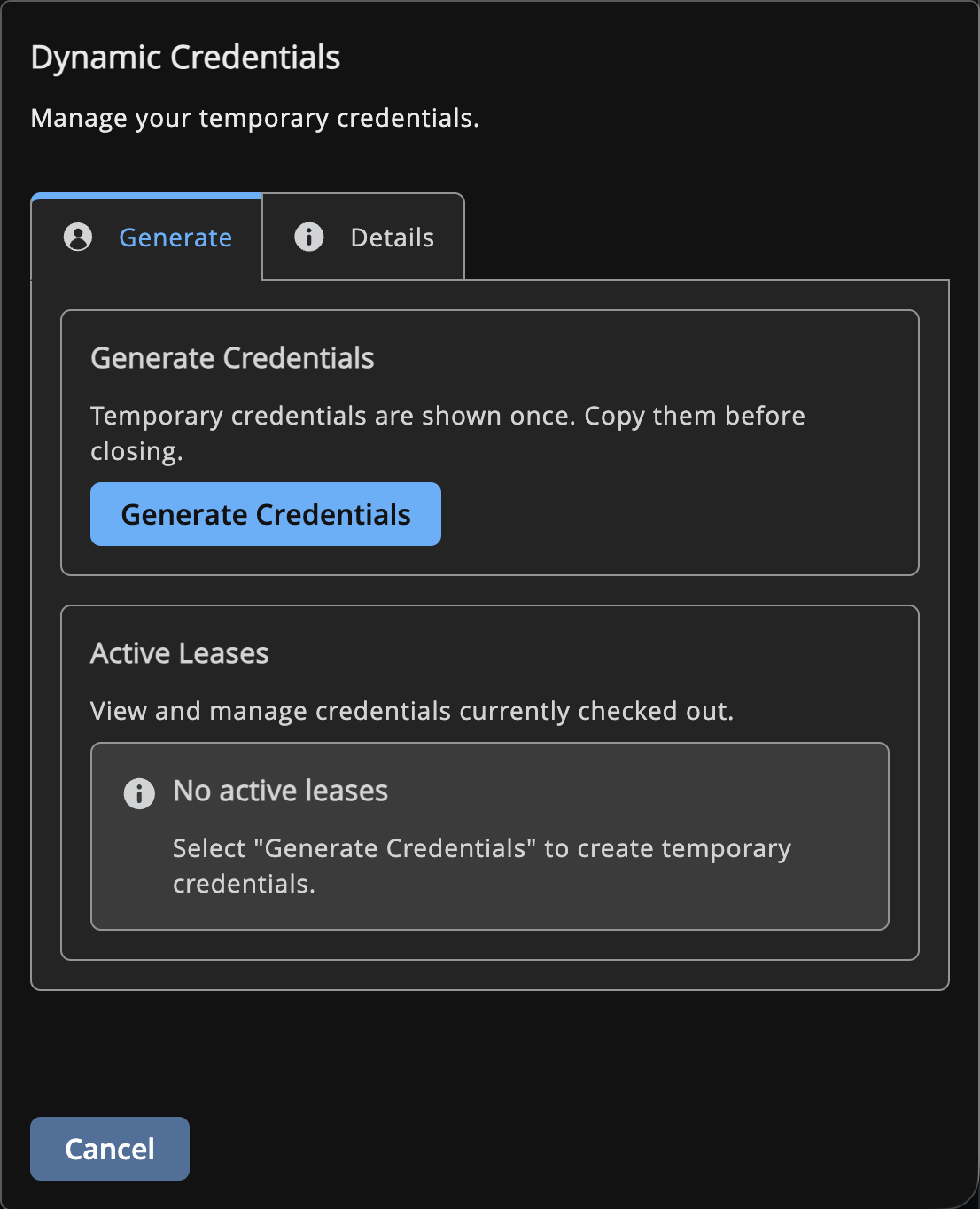 Dynamic Credentials panel for an Azure dynamic secret with a Generate Credentials button.