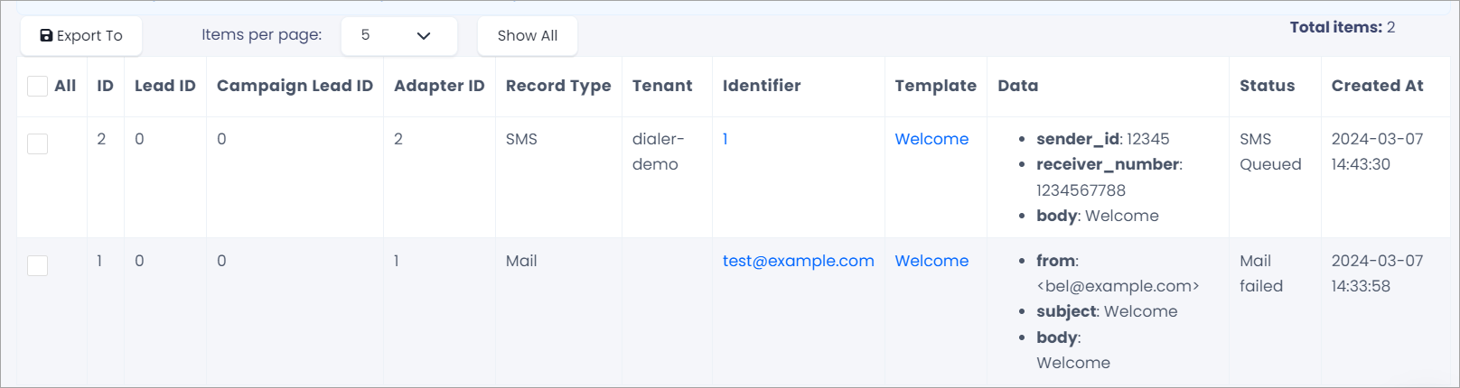 Screenshot of the report table