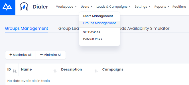Screenshot of the Groups Management tab