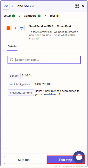 Screenshot of the Test tab