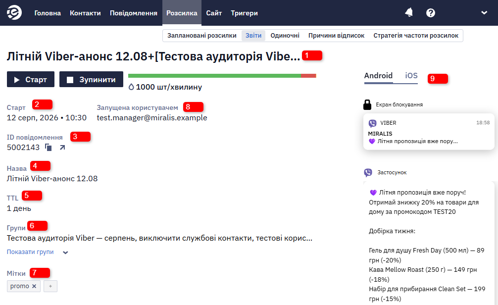 Блок Загальна інформація звіту Viber-розсилки з назвою, датою, ID та попереднім переглядом повідомлення