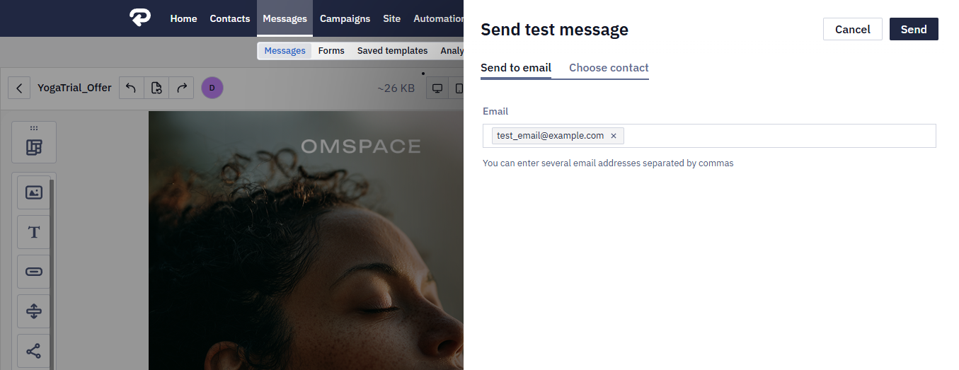Send test message window with a recipient address entered in the Email field