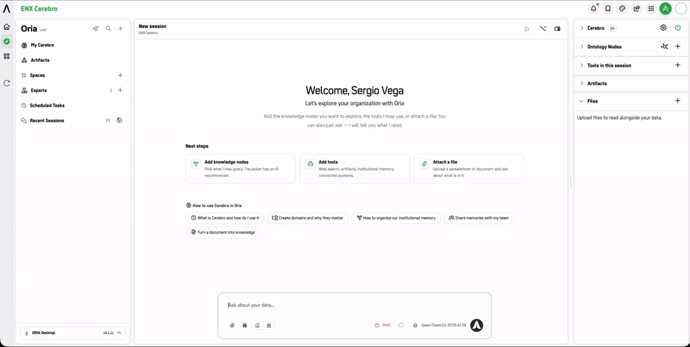 GIF: Left panel showing session navigation, search, and collapsible groups