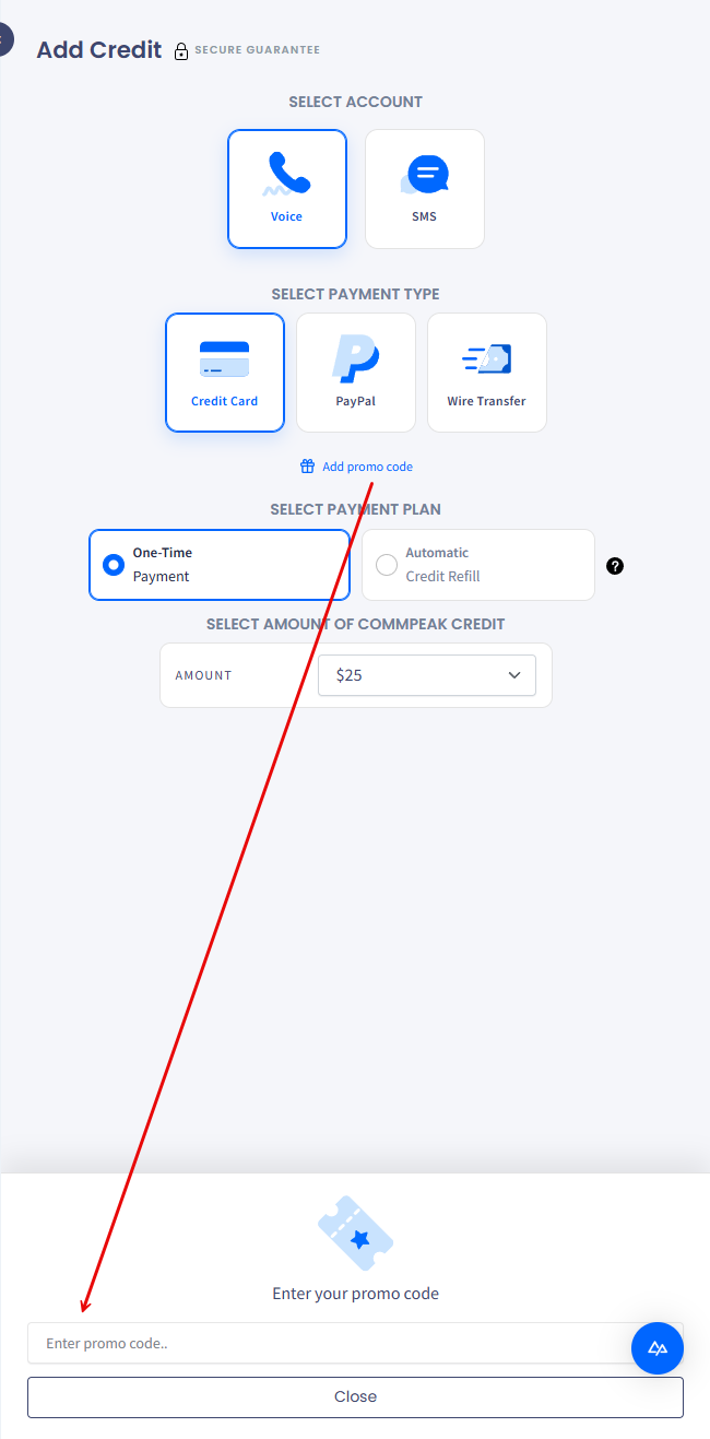 Screenshot with adding a promo code