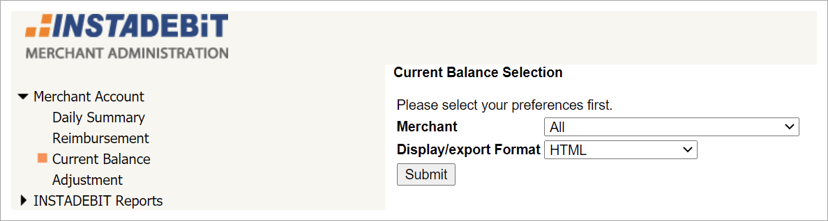 Current Balance report input
