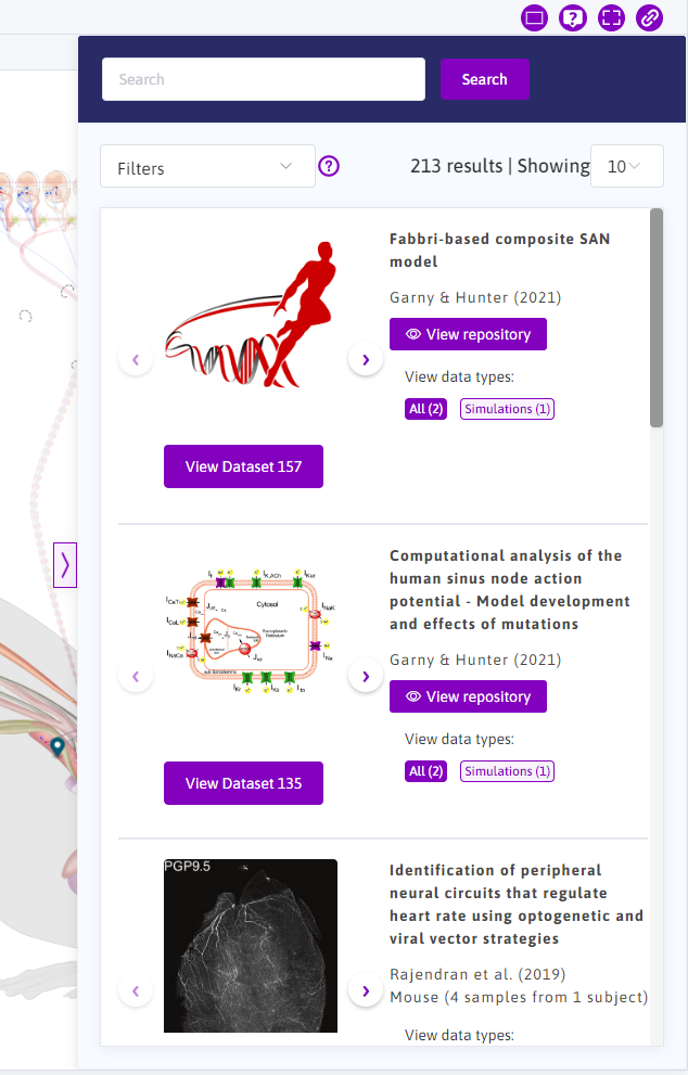 Figure 7: The map sidebar. Datasets, scaffolds and more can be accessed here. Clicking on features in the flatmap prompts the sidebar with related information.