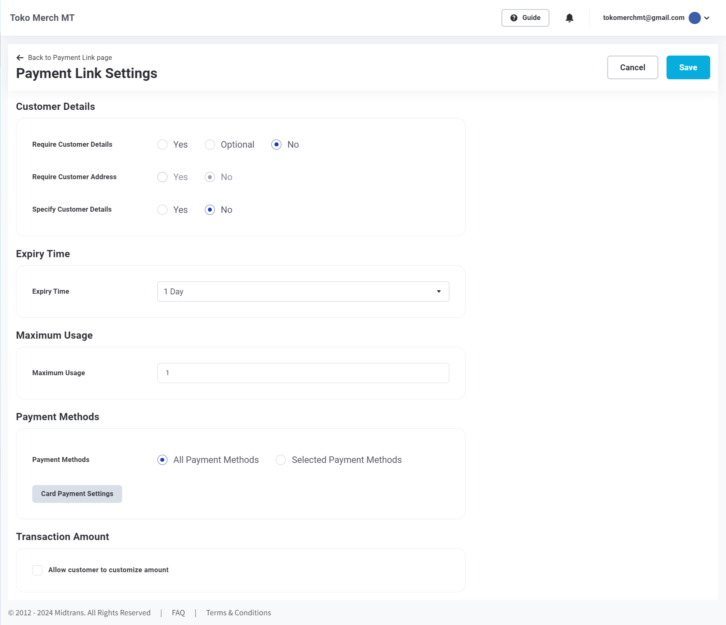 Payment Link Settings Page