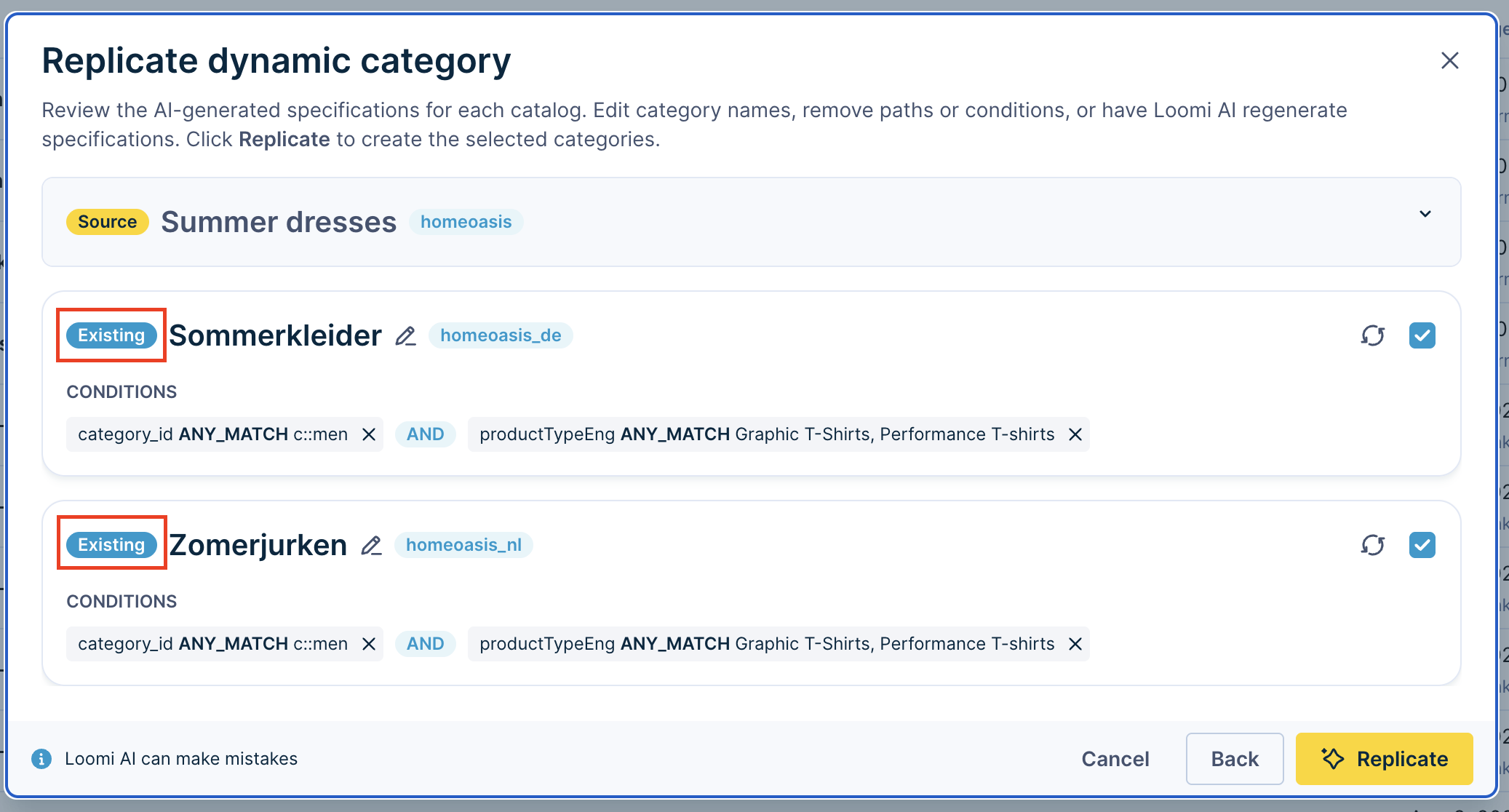 Previously replicated categories show **Existing** label