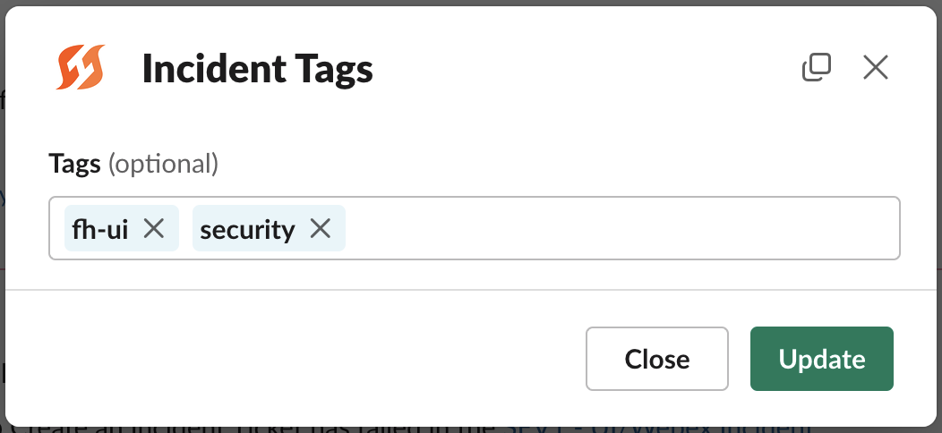 Running `/fh tags` in the Slack incident channel