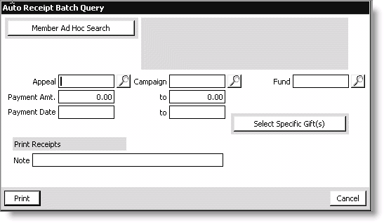 Desktop: Fundraising > Generate reports > Receipt from the Report Types list > Sample Auto Receipt (Crystal)