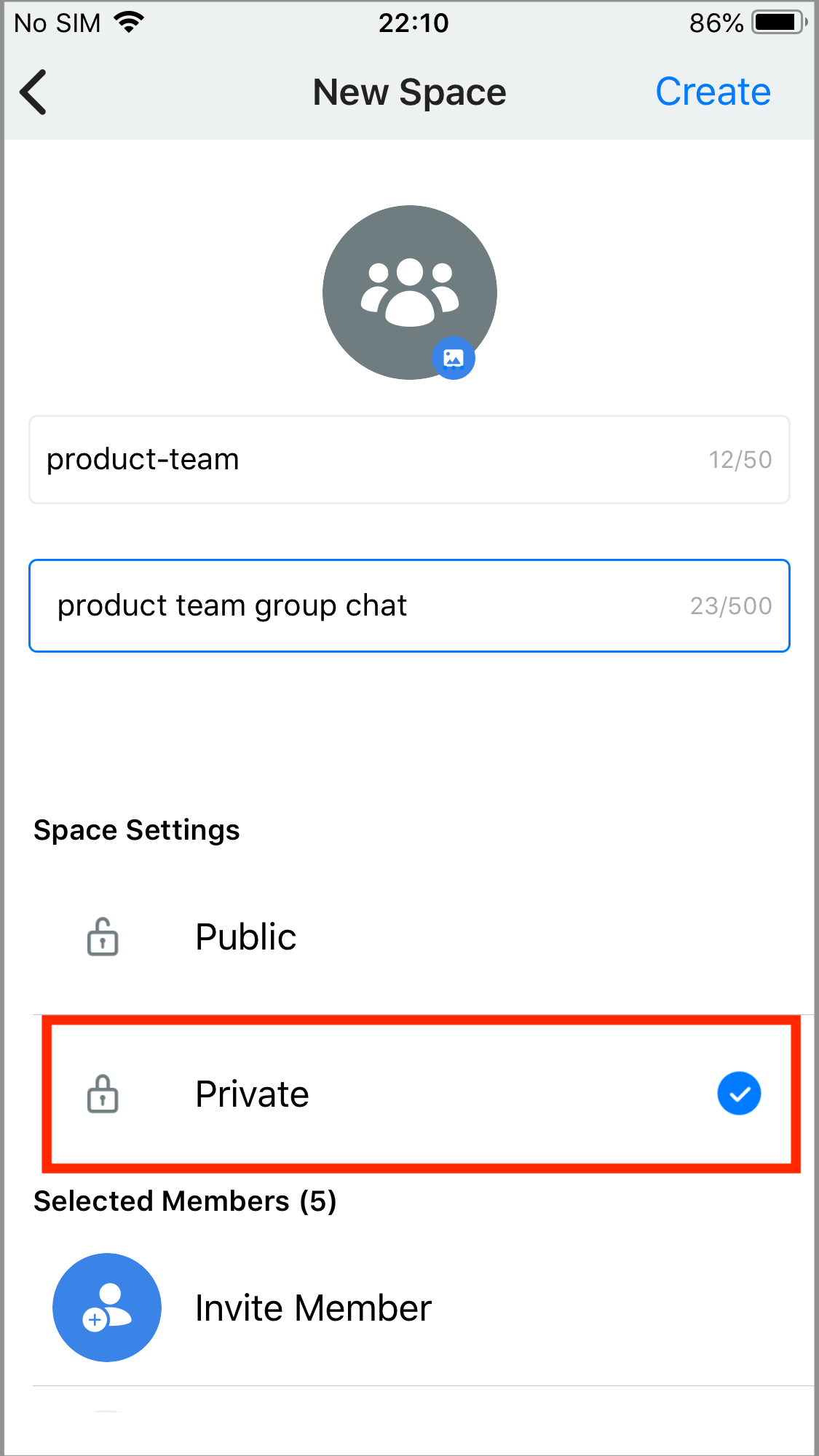 Selecting the Private Space setting