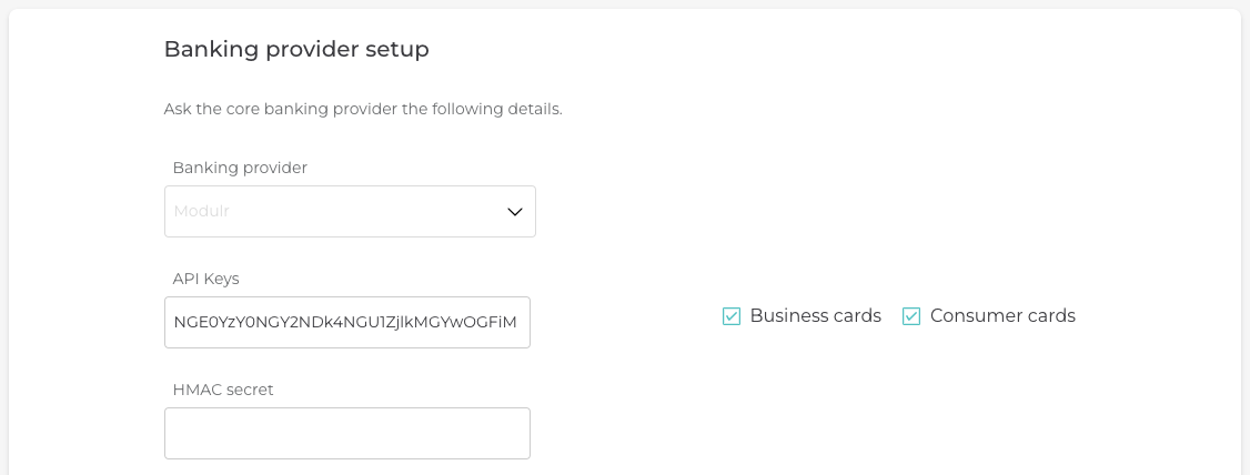 Modulr card setup in Admin portal