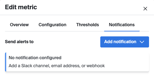 Edit metric drawer, notifications tab, with no notifications