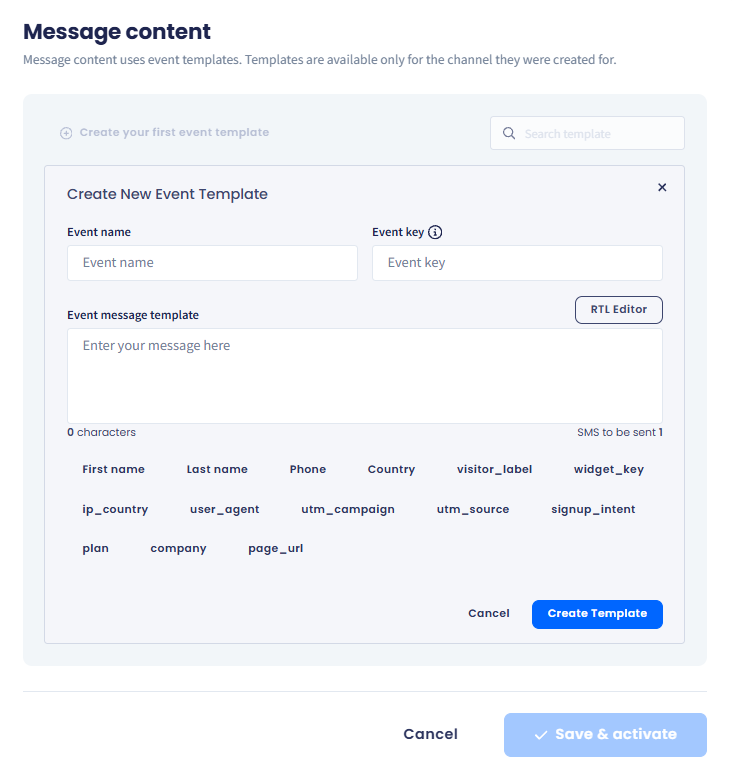 Message content section with the Create your first event template control and a template search box