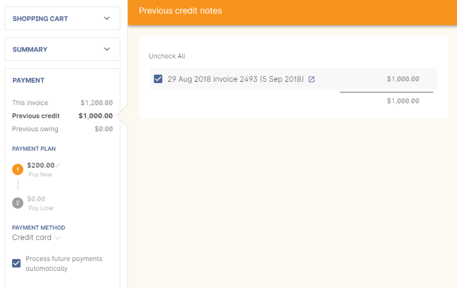 Figure 253. A student enrolling in a class with a credit note of $1000 automatically applied to their balance. They are paying the remaining $200 by credit card