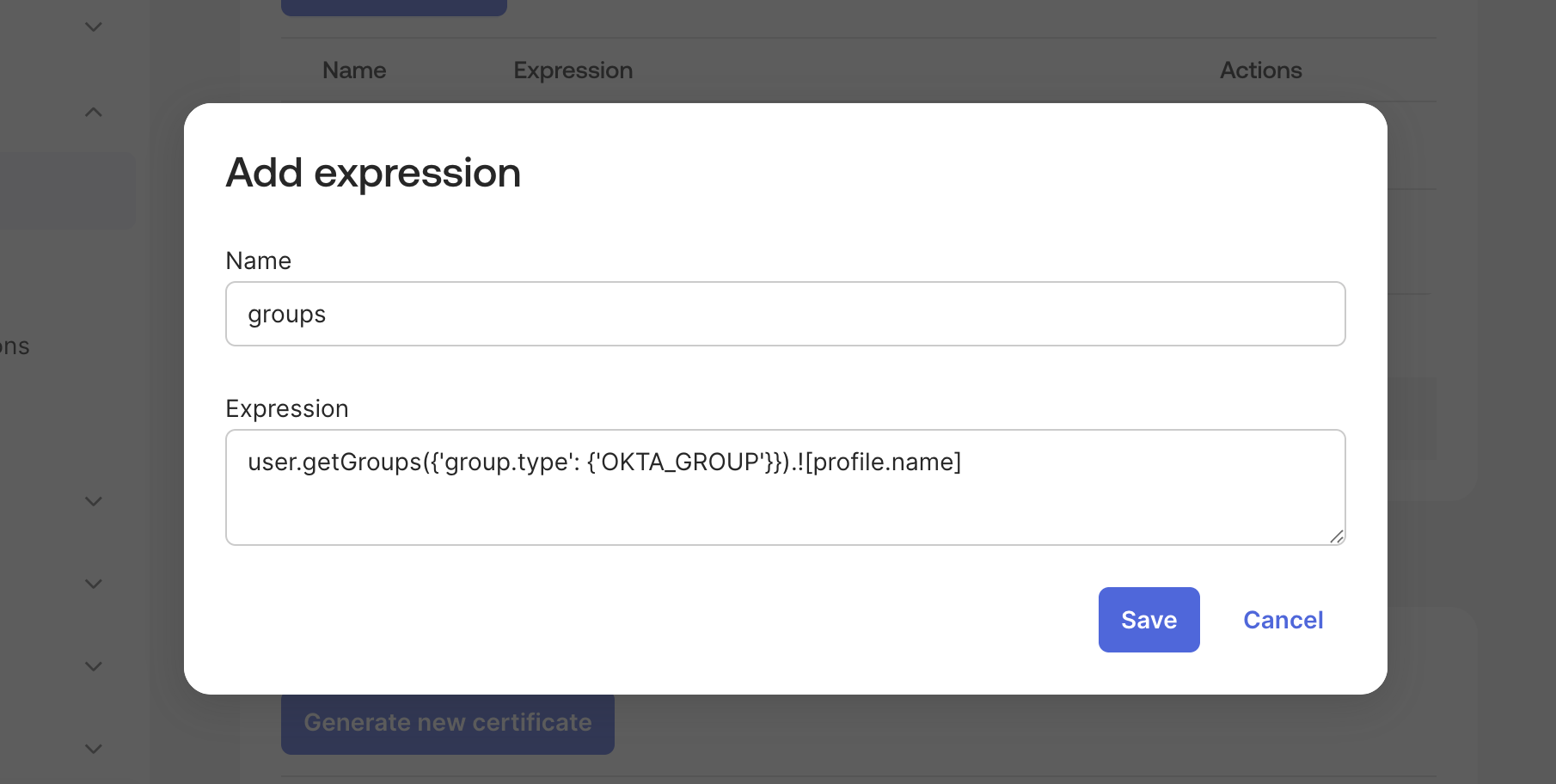 Okta: Add expression modal showing groups attribute mapping