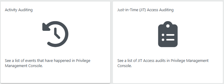Activity tiles on the landing page include JIT access auditing and activity auditing