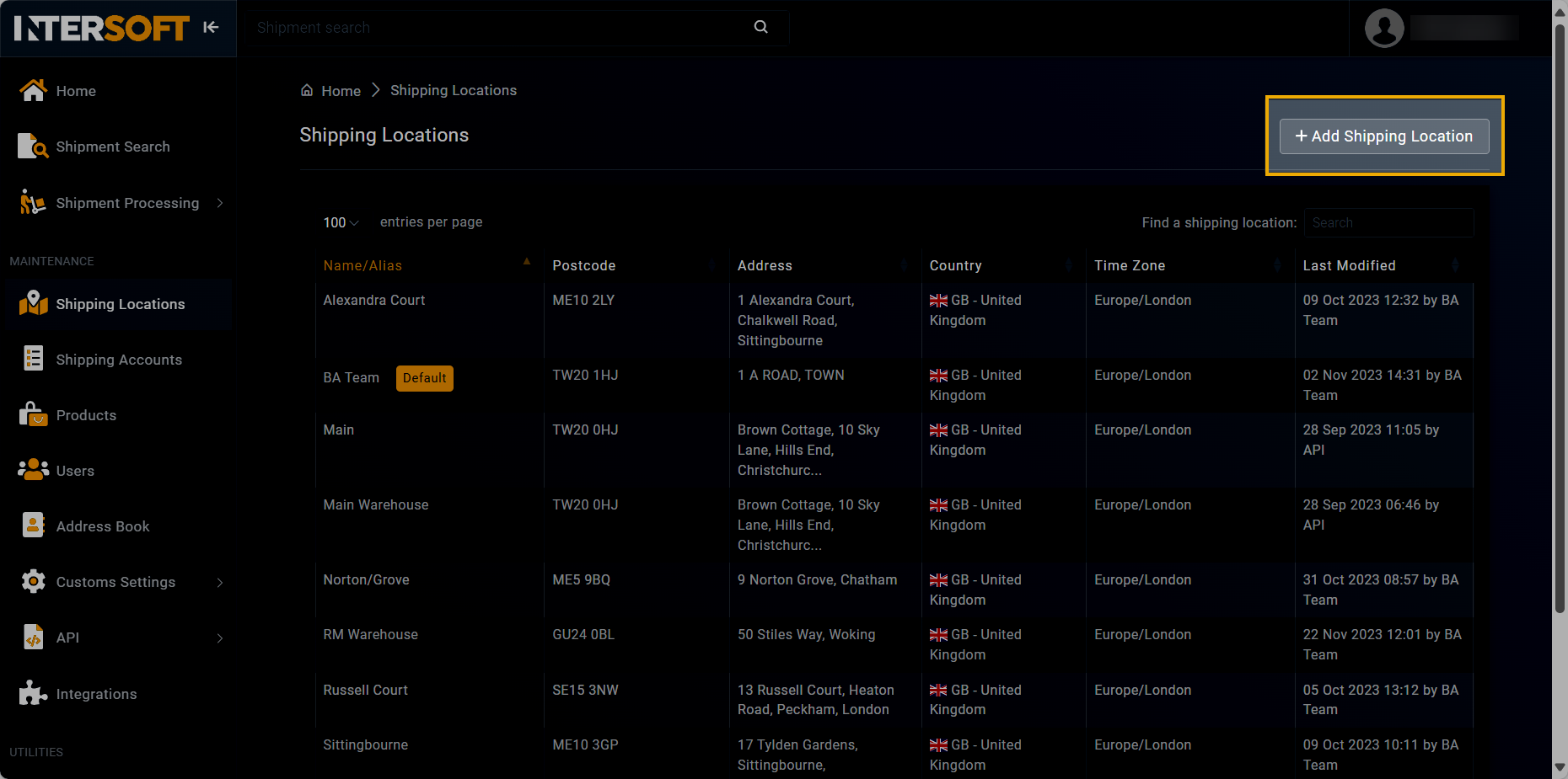 Selecting option to add shipping location