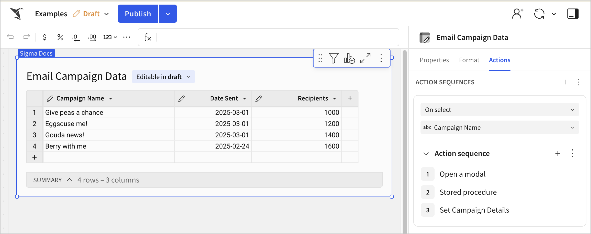 Input table with an action sequence configured On select of the Campaign Name column to open a modal, call a stored procedure, and set the Campaign Details control element.