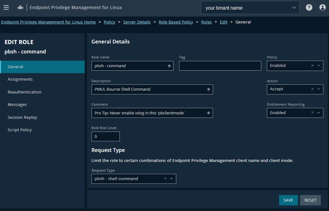 The Edit Role page in Endpoint Privilege Management for Linux