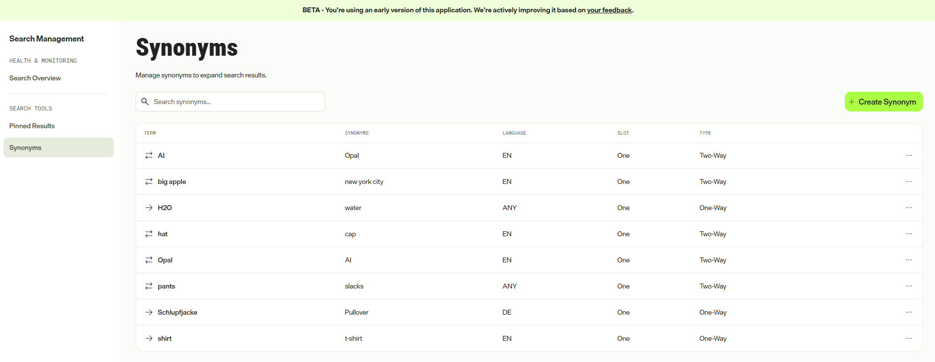 Screenshot of Synonyms screen