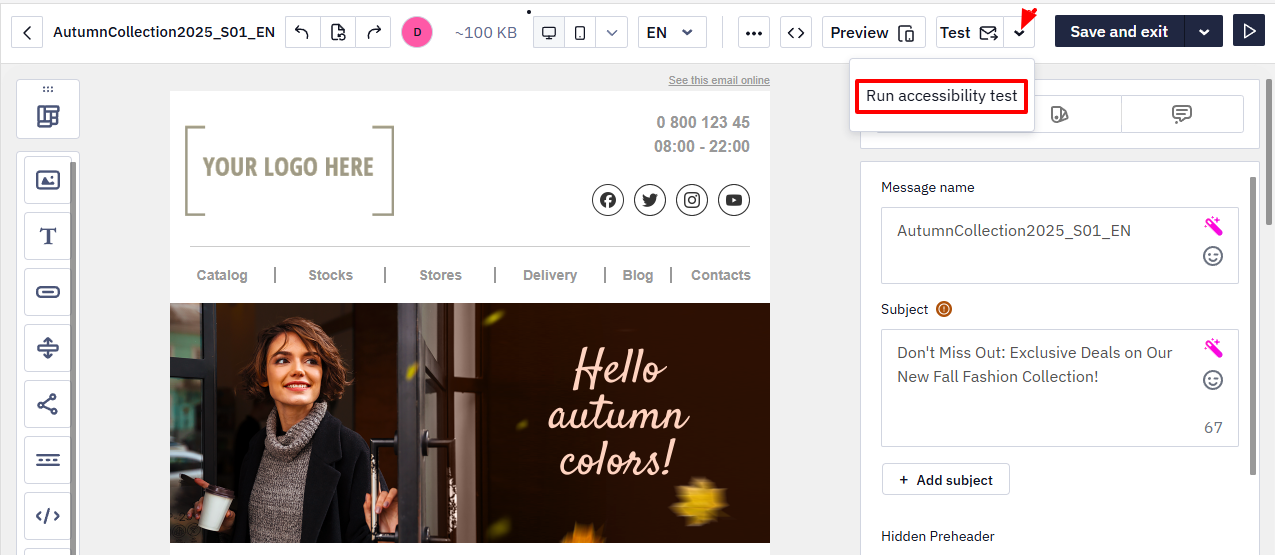 Test button dropdown with the Run accessibility test option highlighted