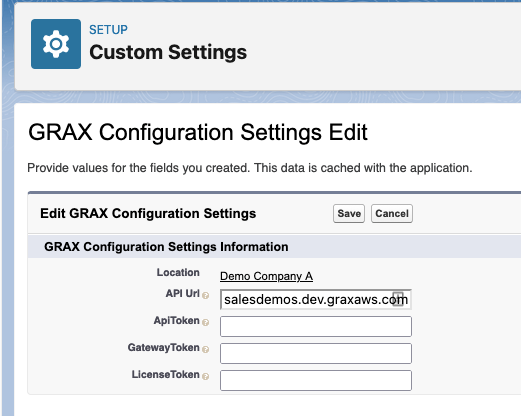 GRAX Configuration Settings page showing the empty token fields