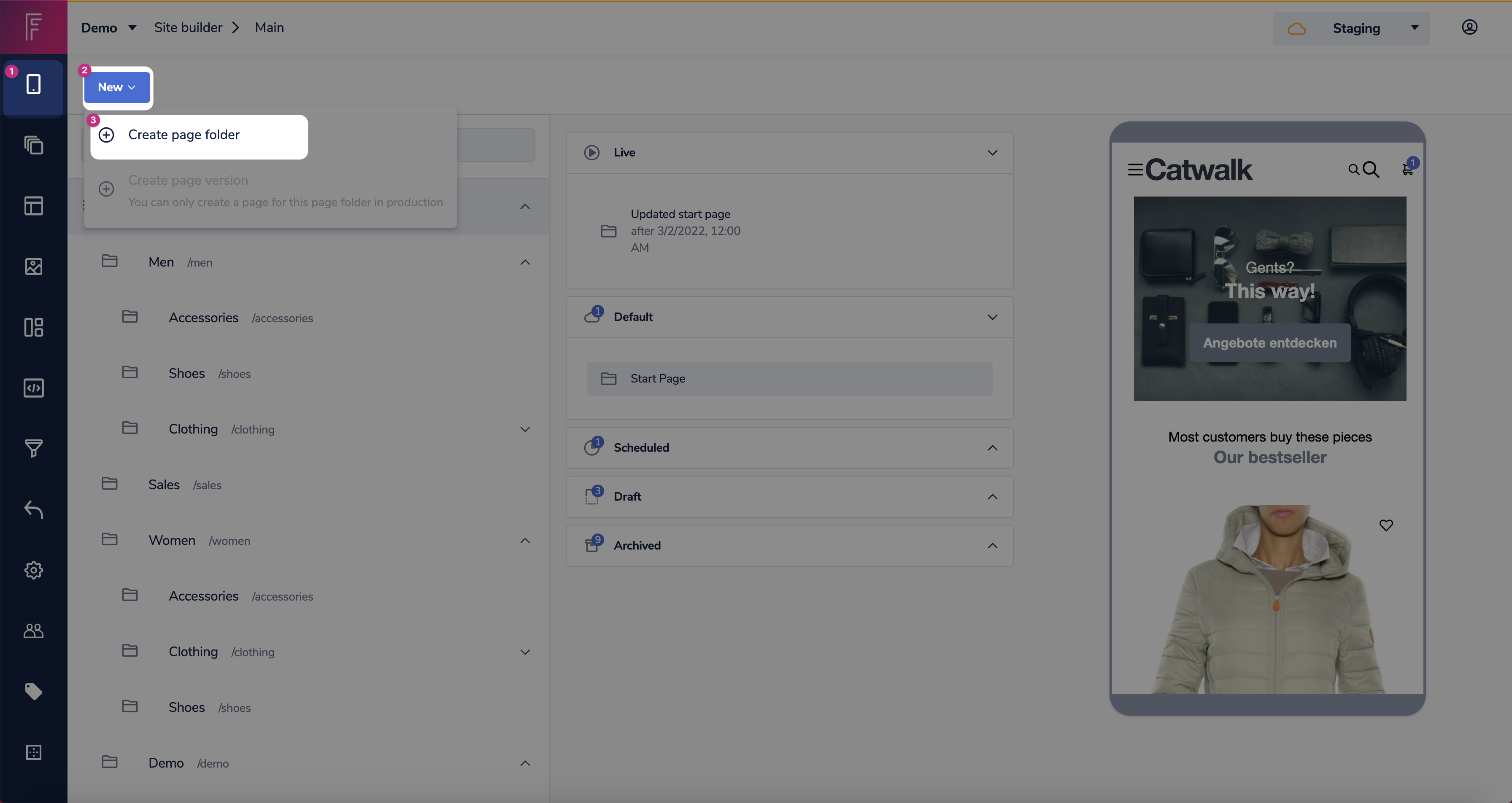 Click the site builder icon click new then create page folder.png