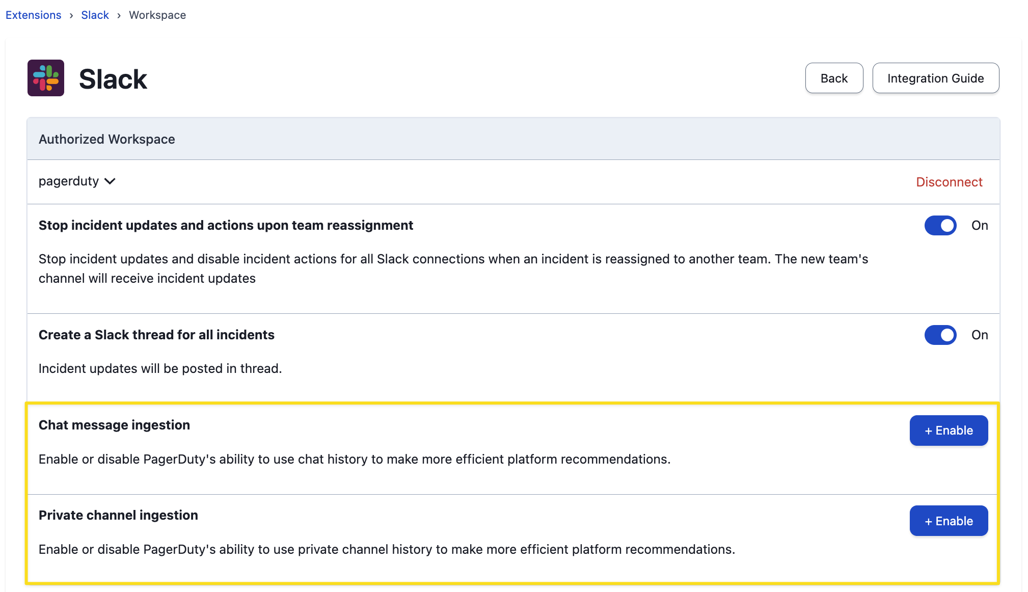 Enable or Disable optional scopes from the Slack configuration page.