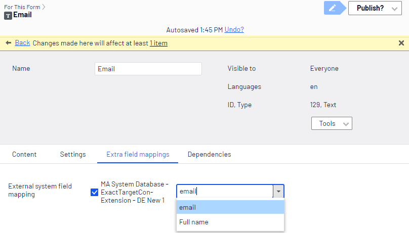 Screenshot of the Extra field mappings tab where mapping a form field to the Salesforce Marketing Cloud email database field