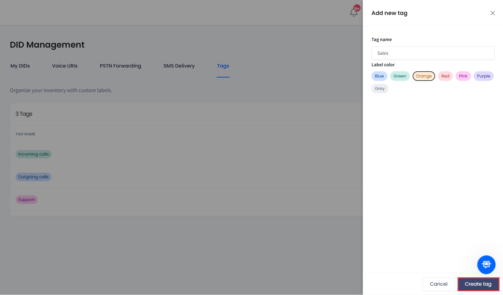 Screenshot of creating a DID tag