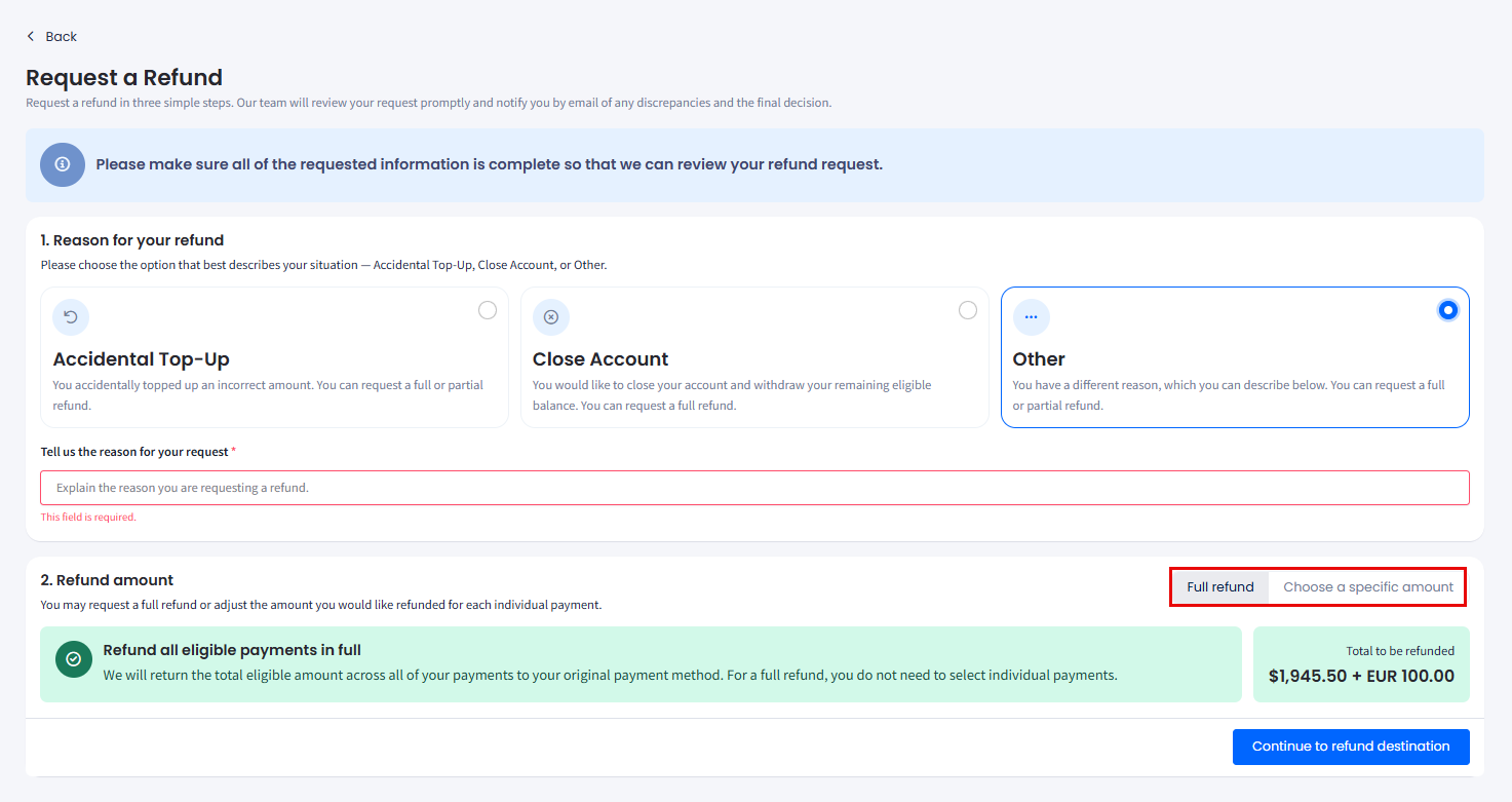 Screenshot of Request a Refund form: Other option